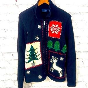 Women’s vintage Christmas cardigan zippered Christmas sweater stretchy g…